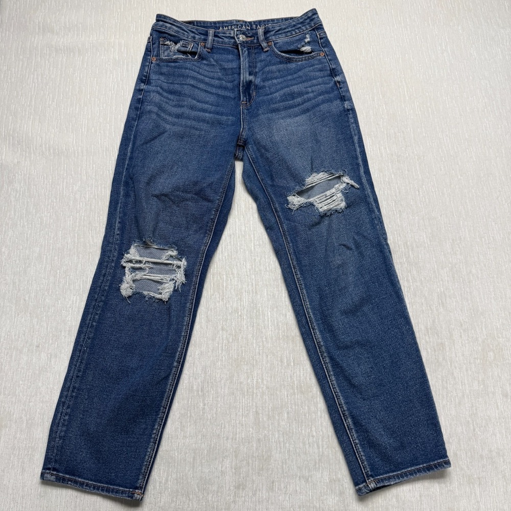 American Eagle Outfitters Mom Straight Jeans Womens 6 Blue Stretch Distressed